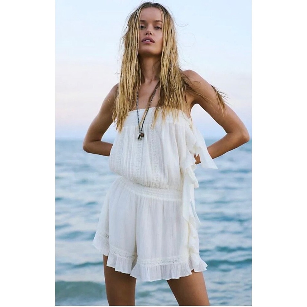 Free People Feeling Fancy Romper Ivory White Strapless Cotton Gauze Size XL